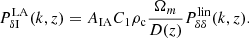 $$ \begin{aligned} P^{\mathrm{LA} }_{\delta \mathrm{I} }(k,z) = A_\mathrm{IA} C_1 \rho _{\rm c} \frac{\Omega _m}{D(z)} P_{\delta \delta }^{\mathrm{lin} }(k,z) . \end{aligned} $$