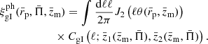 $$ \begin{aligned}&\xi ^\mathrm{ph} _\mathrm{gI} (\bar{r}_{\rm p}, \bar{\Pi }, \bar{z}_{\rm m}) = \int \frac{\mathrm{d} \ell \ell }{2 \pi } J_2 \left(\ell \theta (\bar{r}_{\rm p}, \bar{z}_{\rm m}) \right) \nonumber \\&\qquad \qquad \qquad \times C_\mathrm{gI} \left( \ell ; \bar{z}_1 (\bar{z}_{\rm m}, \bar{\Pi }), \bar{z}_2(\bar{z}_{\rm m}, \bar{\Pi }) \right) . \end{aligned} $$