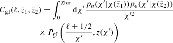 $$ \begin{aligned}&C_\mathrm{gI} (\ell , \bar{z}_1, \bar{z}_2) = \int _0^{\chi _\mathrm{hor} } \mathrm{d} \chi ^{\prime } \frac{p_n(\chi ^{\prime }|\chi (\bar{z}_1)) p_{\epsilon }(\chi ^{\prime }|\chi (\bar{z}_2))}{\chi ^{\prime 2}} \nonumber \\&\qquad \qquad \qquad \times P_\mathrm{gI} \left( \frac{\ell + 1/2}{\chi ^{\prime }}, z (\chi ^{\prime }) \right) \end{aligned} $$