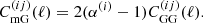 $$ \begin{aligned} C^{(ij)}_\mathrm{mG} (\ell ) = 2 (\alpha ^{(i)} - 1) C^{(ij)}_\mathrm{GG} (\ell ) . \end{aligned} $$