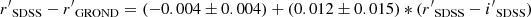 $ {r^\prime}_{\rm SDSS} - {r^\prime}_{\rm GROND} = (-0.004\pm0.004) + (0.012\pm0.015) * ({r^\prime}_{\rm SDSS} - {i^\prime}_{\rm SDSS}) $