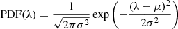 $$ \begin{aligned}&\mathrm{PDF}(\lambda ) = \frac{1}{ \sqrt{2\pi \sigma ^2}} \exp \left(-\frac{(\lambda -\mu )^2}{2\sigma ^2} \right)\end{aligned} $$