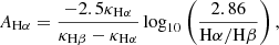 $$ \begin{aligned} {A}_{\mathrm{H} \alpha } = \frac{-2.5\kappa _{\mathrm{H} \alpha }}{\kappa _{\mathrm{H} \beta } - \kappa _{\mathrm{H} \alpha }}\log _{10}\left(\frac{2.86}{{\mathrm{H} \alpha }/{\mathrm{H} \beta }}\right), \end{aligned} $$