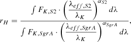 $$ \begin{aligned} r_H = \dfrac{\int F_{K,S2} \cdot \left(\dfrac{\lambda _{eff,S2}}{\lambda _K}\right)^{\alpha _{S2}} d\lambda }{\int F_{K,S{ g}rA} \cdot \left(\dfrac{\lambda _{eff,S{ g}rA}}{\lambda _K}\right)^{\alpha _{S{ g}rA}} d\lambda }, \end{aligned} $$
