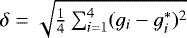 $\delta = \sqrt{\frac{1}{4}\sum_{i=1}^4 (g_i - g_i^*)^2}$