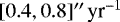 $[0.4, 0.8]\prime\prime\,\text{yr}^{-1} $