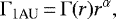 Mathematical equation: \begin{equation*} \Gamma_{\textrm{1AU}} \,{=}\, \Gamma(r)r^{\alpha} ,\end{equation*}