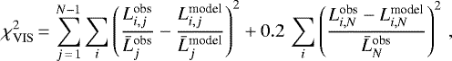 Mathematical equation: \[ \chi^2_{\mathrm{VIS}} \,{=}\, \sum_{j\,{=}\,1}^{N-1} \sum_i \left( \frac{L_{i,j}^{\text{obs}}}{\bar{L}_j^{\text{obs}}} - \frac{L_{i,j}^{\text{model}}}{\bar{L}_j^{\text{model}}} \right)^2 + 0.2\, \sum_i \left( \frac{{L_{i,N}^{\text{obs}}} - L_{i,N}^{\text{model}}}{\bar{L}_N^{\text{obs}}} \right)^2 \,, \]