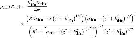 Mathematical equation: $$ \begin{aligned}&\rho _{\mathrm{thin} }(R,z) = \frac{b_{\mathrm{thin} }^{2} M_{\mathrm{thin} }}{4\pi }\nonumber \\&\qquad \qquad \quad \times \frac{\left(R^{2} a_{\mathrm{thin} }+3\left(z^{2}+b_{\mathrm{thin} }^{2}\right)^{1/2}\right) \left(a_{\mathrm{thin} }+\left(z^{2}+b_{\mathrm{thin} }^{2}\right)^{1/2}\right)^{2}}{\left(R^{2}+\left[a_{\mathrm{thin} }+\left(z^{2}+b_{\mathrm{thin} }^{2}\right)^{1/2}\right]^{2}\right)^{5/2} \left(z^{2}+b_{\mathrm{thin} }^{2}\right)^{3/2}} \end{aligned} $$