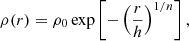 Mathematical equation: $$ \begin{aligned} \rho (r)=\rho _0\,\mathrm{exp}\left[-\left(\frac{r}{h}\right)^{1/n}\right] , \end{aligned} $$