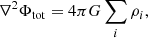 Mathematical equation: $$ \begin{aligned} \nabla ^2\Phi _{\mathrm{tot} }=4\pi G\sum _{i}\rho _{i}, \end{aligned} $$