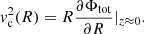 Mathematical equation: $$ \begin{aligned} v_{\rm c}^2(R)=R\frac{\partial \Phi _{\mathrm{tot} }}{\partial R}|_{z\approx 0}. \end{aligned} $$