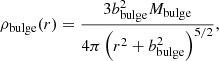 Mathematical equation: $$ \begin{aligned}&\rho _{\mathrm{bulge} }(r)= \frac{3 b_{\mathrm{bulge} }^{2} M_{\mathrm{bulge} }}{4 \pi \left(r^{2}+b_{\mathrm{bulge} }^{2}\right)^{5/2}} , \end{aligned} $$