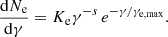 Mathematical equation: $$ \begin{aligned} \frac{\mathrm{d}N_{\rm e}}{\mathrm{d}\gamma } = K_{\rm e} \gamma ^{-s} \, e^{-\gamma /\gamma _{\rm e,max}} . \end{aligned} $$