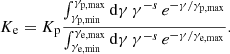 Mathematical equation: $$ \begin{aligned} K_{\rm e} = K_{\rm p} \frac{\int _{\gamma _{\rm p,min}}^{\gamma _{\rm p,max}}\mathrm{d}\gamma \, \gamma ^{-s} \, e^{-\gamma / \gamma _{\rm p,max}}}{\int _{\gamma _{\rm e,min}}^{\gamma _{\rm e,max}}\mathrm{d}\gamma \, \gamma ^{-s} \, e^{-\gamma / \gamma _{\rm e,max}}}. \end{aligned} $$