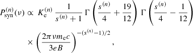 Mathematical equation: $$ \begin{aligned}&P_\mathrm{syn} ^{(n)}(\nu ) \propto \, K_{\rm e}^{(n)} \, \frac{1}{s^{(n)}+1} \, \Gamma \left(\frac{s^{(n)}}{4} + \frac{19}{12} \right) \, \Gamma \left( \frac{s^{(n)}}{4} - \frac{1}{12} \right) \nonumber \\&\qquad \qquad \times \left( \frac{2 \pi \nu m_{\rm e} c }{3 e B} \right)^{- (s^{(n)}-1)/2}, \end{aligned} $$