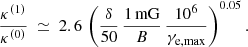 Mathematical equation: $$ \begin{aligned} \frac{\kappa ^{(1)}}{\kappa ^{(0)}} ~\simeq ~ 2.6 \, \left( \frac{\delta }{50} \, \frac{1 \, \mathrm{mG}}{B} \, \frac{10^{6}}{\gamma _{\rm e,max}} \right)^{0.05} .\end{aligned} $$