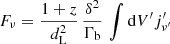 Mathematical equation: $$ \begin{aligned} F_\nu =\frac{1+z}{d_{\rm L}^2}\,\frac{\delta ^2}{\Gamma _{\rm b}}\,\int \mathrm{d}V^{\prime } j^{\prime }_{\nu ^{\prime }}\, \end{aligned} $$