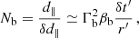 Mathematical equation: $$ \begin{aligned} N_{\rm b}=\frac{d_\parallel }{\delta d_\parallel }\simeq \Gamma _{\rm b}^2\beta _{\rm b}\frac{\delta t^{\prime }}{r^{\prime }}\,, \end{aligned} $$