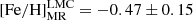 Mathematical equation: $ [\mathrm{Fe/H}]_{\mathrm{MR}}^{\mathrm{LMC}} = -0.47 \pm 0.15 $