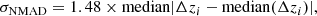 Mathematical equation: $$ \begin{aligned} \sigma _{\rm {NMAD}} = 1.48 \times \mathrm{median}|\Delta z_i - \mathrm{median}(\Delta z_i)|, \end{aligned} $$
