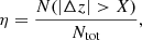 Mathematical equation: $$ \begin{aligned} \eta = \frac{N(| \Delta z | > X)}{N_{\rm tot}}, \end{aligned} $$