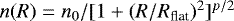 Mathematical equation: $n(R) = n_0/[1+(R/R_{\textrm{flat}}){}^2]^{p/2}$