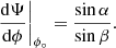 $$ \begin{aligned} \left. \frac{\mathrm{d}\Psi }{\mathrm{d}\phi }\right|_{\phi _{\circ }} = \frac{\sin \alpha }{\sin \beta } . \end{aligned} $$