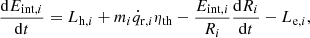 Mathematical equation: $$ \begin{aligned} {\mathrm{d}E_{\mathrm{int,}i}\over \mathrm{d}t}=L_{\mathrm{h},i}+m_{i}\dot{q}_{\mathrm{r},i}\eta _{\rm th}-{E_{\mathrm{int,}i}\over R_{i}}{\mathrm{d}R_{i}\over \mathrm{d}t}-L_{\mathrm{e},i} , \end{aligned} $$