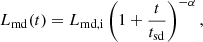 Mathematical equation: $$ \begin{aligned} L_{\mathrm{md} } (t)=L_{\mathrm{md,i} }\left(1+\frac{t}{t_{\mathrm{sd} }}\right)^{-\alpha }, \end{aligned} $$