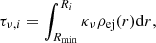 Mathematical equation: $$ \begin{aligned} \tau _{\nu ,i}=\int _{R_{\min }}^{R_i}\kappa _{\nu }\rho _{\rm ej}(r)\mathrm{d} r, \end{aligned} $$