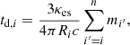 Mathematical equation: $$ \begin{aligned} t_{\mathrm{d,}i}=\frac{3\kappa _{\rm es}}{4\pi R_ic}\sum _{i^{\prime }=i}^n{m}_{i^{\prime }}, \end{aligned} $$