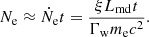 Mathematical equation: $$ \begin{aligned} N_{\rm e}\approx \dot{N}_{\rm e}t={\xi L_{\rm md}t\over \Gamma _{\rm w}m_{\rm e}c^2}. \end{aligned} $$