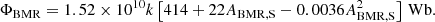 $$ \begin{aligned} \Phi _{\rm BMR}=1.52\times 10^{10}k\left[414+22A_{\rm BMR,S}-0.0036A_{\rm BMR,S}^2\right]\,\mathrm{Wb}. \end{aligned} $$