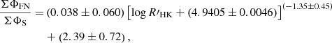 $$ \begin{aligned} \frac{\Sigma \Phi _{\rm FN}}{\Sigma \Phi _{\rm S}}=&\left(0.038\pm 0.060\right)\left[\log R\prime _{\rm HK}+\left(4.9405\pm 0.0046\right)\right]^{\left(-1.35\pm 0.45\right)}\nonumber \\&+\left(2.39\pm 0.72\right), \end{aligned} $$