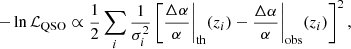$$ \begin{aligned} -\ln {\mathcal{L} _{\rm QSO}} \propto \frac{1}{2}\sum _i{\frac{1}{\sigma _i^2}\left[\frac{\Delta \alpha }{\alpha }\bigg |_{\rm th}(z_i)-\frac{\Delta \alpha }{\alpha }\bigg |_{\rm obs}(z_i)\right]^2}\,, \end{aligned} $$