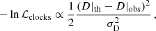 $$ \begin{aligned} -\ln {\mathcal{L} _{\rm clocks}} \propto \frac{1}{2}\frac{\left(D|_{\rm th}-D|_{\rm obs}\right)^2}{\sigma _{\rm D}^2}\,, \end{aligned} $$