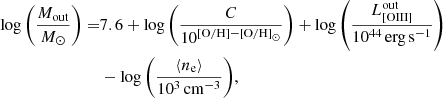 $$ \begin{aligned} \log {\left( \frac{M_{\rm out}}{M_\odot } \right)} =&7.6 + \log {\left( \frac{C}{10^{\mathrm{[O/H]} - \mathrm{[O/H]}_\odot }} \right)} + \log {\left( \frac{L^\mathrm{out}_{\rm [O{III}]}}{10^{44}\,\mathrm{erg\,s}^{-1}} \right)} \nonumber \\&- \log {\left(\frac{\langle n_{\rm e} \rangle }{10^3\,\mathrm{cm}^{-3}} \right)}, \end{aligned} $$