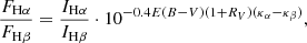 $$ \begin{aligned} \frac{F_{\mathrm{H}\alpha }}{F_{\mathrm{H}\beta }} = \frac{I_{\mathrm{H}\alpha }}{I_{\mathrm{H}\beta }} \cdot 10^{-0.4E(B-V)(1+R_V)(\kappa _\alpha - \kappa _\beta )}, \end{aligned} $$
