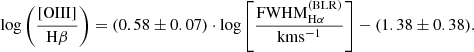 $$ \begin{aligned} \log {\left( \frac{[\mathrm{O} \mathrm{{III}}]}{\mathrm{H}\beta } \right)} = (0.58 \pm 0.07) \cdot \log {\left[ \frac{\mathrm{FWHM}^\mathrm{(BLR)}_{\mathrm{H}\alpha }}{\mathrm{km}\mathrm{s}^{-1}} \right]} - (1.38 \pm 0.38). \end{aligned} $$