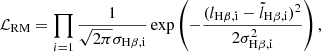 Mathematical equation: $$ \begin{aligned} \mathcal{L} _\mathrm{RM} = \prod _{i=1} \frac{1}{\sqrt{2\pi } \sigma _{\rm H\beta ,i}} \exp \left(-\frac{(l_{\rm H\beta , i} - \tilde{l}_{\rm H\beta , i})^2}{2 \sigma _{\rm H\beta , i}^2}\right), \end{aligned} $$