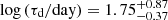Mathematical equation: $ \log\,(\tau_{\mathrm{d}}/\mathrm{day})=1.75^{+0.87}_{-0.37} $