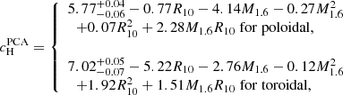 $$ \begin{aligned}&c^\mathrm{PCA}_{\rm H} = {\left\{ \begin{array}{ll} 5.77^{+0.04}_{-0.06} - 0.77 R_{10} - 4.14 M_{1.6} - 0.27 M_{1.6}^2 \\ \;\;+ 0.07 R_{10}^2 + 2.28 M_{1.6} R_{10} \;\mathrm{for\; poloidal,}\\ \\ 7.02^{+0.05}_{-0.07} - 5.22 R_{10} - 2.76 M_{1.6} - 0.12 M_{1.6}^2 \\ \;\;+ 1.92 R_{10}^2 + 1.51 M_{1.6} R_{10} \;\mathrm{for\; toroidal,} \end{array}\right.} \end{aligned} $$