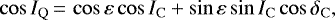 Mathematical equation: \begin{equation*}\cos I_{\mathrm{Q}}\,{=}\,\cos\varepsilon\cos I_{\mathrm{C}} + \sin\varepsilon\sin I_{\mathrm{C}}\cos\delta_{\mathrm{C}},\end{equation*}