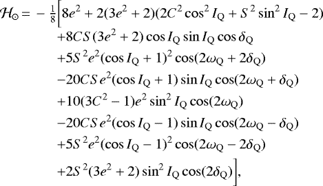 Mathematical equation: \begin{equation*}\begin{array}{@{}l@{}l}\mathcal{H}_{\odot}\,{=}\,- \frac{1}{8}&\displaystyle\bigg[8e^2 + 2(3e^2 + 2)(2C^2\cos^2I_{\mathrm{Q}} + S^2\sin^2I_{\mathrm{Q}} - 2) \\[3pt]&\displaystyle+ 8CS(3e^2 + 2)\cos I_{\mathrm{Q}}\sin I_{\mathrm{Q}}\cos\delta_{\mathrm{Q}} \\[3pt]&\displaystyle+ 5S^2e^2(\cos I_{\mathrm{Q}} + 1)^2\cos(2\omega_{\mathrm{Q}} + 2\delta_{\mathrm{Q}}) \\[3pt]&\displaystyle- 20CSe^2(\cos I_{\mathrm{Q}} + 1)\sin I_{\mathrm{Q}}\cos(2\omega_{\mathrm{Q}} + \delta_{\mathrm{Q}}) \\[3pt]&\displaystyle+ 10(3C^2 - 1)e^2\sin^2I_{\mathrm{Q}}\cos(2\omega_{\mathrm{Q}}) \\[3pt]&\displaystyle- 20CSe^2(\cos I_{\mathrm{Q}} - 1)\sin I_{\mathrm{Q}}\cos(2\omega_{\mathrm{Q}} - \delta_{\mathrm{Q}}) \\[3pt]&\displaystyle+ 5S^2e^2(\cos I_{\mathrm{Q}} - 1)^2\cos(2\omega_{\mathrm{Q}} - 2\delta_{\mathrm{Q}}) \\[3pt]&\displaystyle+ 2S^2(3e^2 + 2)\sin^2I_{\mathrm{Q}}\cos(2\delta_{\mathrm{Q}})\bigg],\end{array}\end{equation*}