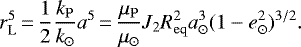 Mathematical equation: \begin{equation*}r_{\mathrm{L}}^5\,{=}\,\frac{1}{2}\frac{k_{\mathrm{P}}}{k_{\odot}}a^5\,{=}\, \frac{\mu_{\mathrm{P}}}{\mu_{\odot}}J_2R_{\mathrm{eq}}^2a_{\odot}^3(1-e_{\odot}^2)^{3/2}.\end{equation*}