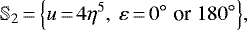 Mathematical equation: \begin{equation*}\mathbb{S}_2\,{=}\,\Big\{u\,{=}\,4\eta^5,\:\varepsilon\,{=}\,0^{\circ}\;\text{or}\;180^{\circ}\Big\},\end{equation*}