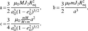 Mathematical equation: \begin{equation*}\begin{array}{@{}r@{}c@{}l}\mathfrak{a} &\,{=}\,&\displaystyle \frac{3}{2}\frac{\mu_{\odot} MJ_2R_{\mathrm{eq}}^2}{a_{\odot}^3(1-e_{\odot}^2)^{3/2}},\quad\quad\mathfrak{b}\,{=}\,\frac{3}{2}\frac{\mu_{\mathrm{P}}mJ_2R_{\mathrm{eq}}^2}{a^3}, \\[10pt]\quad\mathfrak{c} &\,{=}\,&\displaystyle \frac{3}{4}\frac{\mu_{\odot}\frac{mM}{M+m}a^2}{a_{\odot}^3(1-e_{\odot}^2)^{3/2}}.\end{array}\end{equation*}