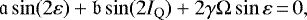 Mathematical equation: \begin{equation*}\mathfrak{a}\sin(2\varepsilon) + \mathfrak{b}\sin(2I_{\mathrm{Q}}) + 2\gamma\Omega\sin\varepsilon\,{=}\,0,\end{equation*}