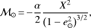 Mathematical equation: \begin{equation*}\mathcal{M}_{\odot}\,{=}\,{-}\frac{\alpha}{2}\frac{X^2}{\big(1-e_{\odot}^2\big)^{3/2}},\end{equation*}